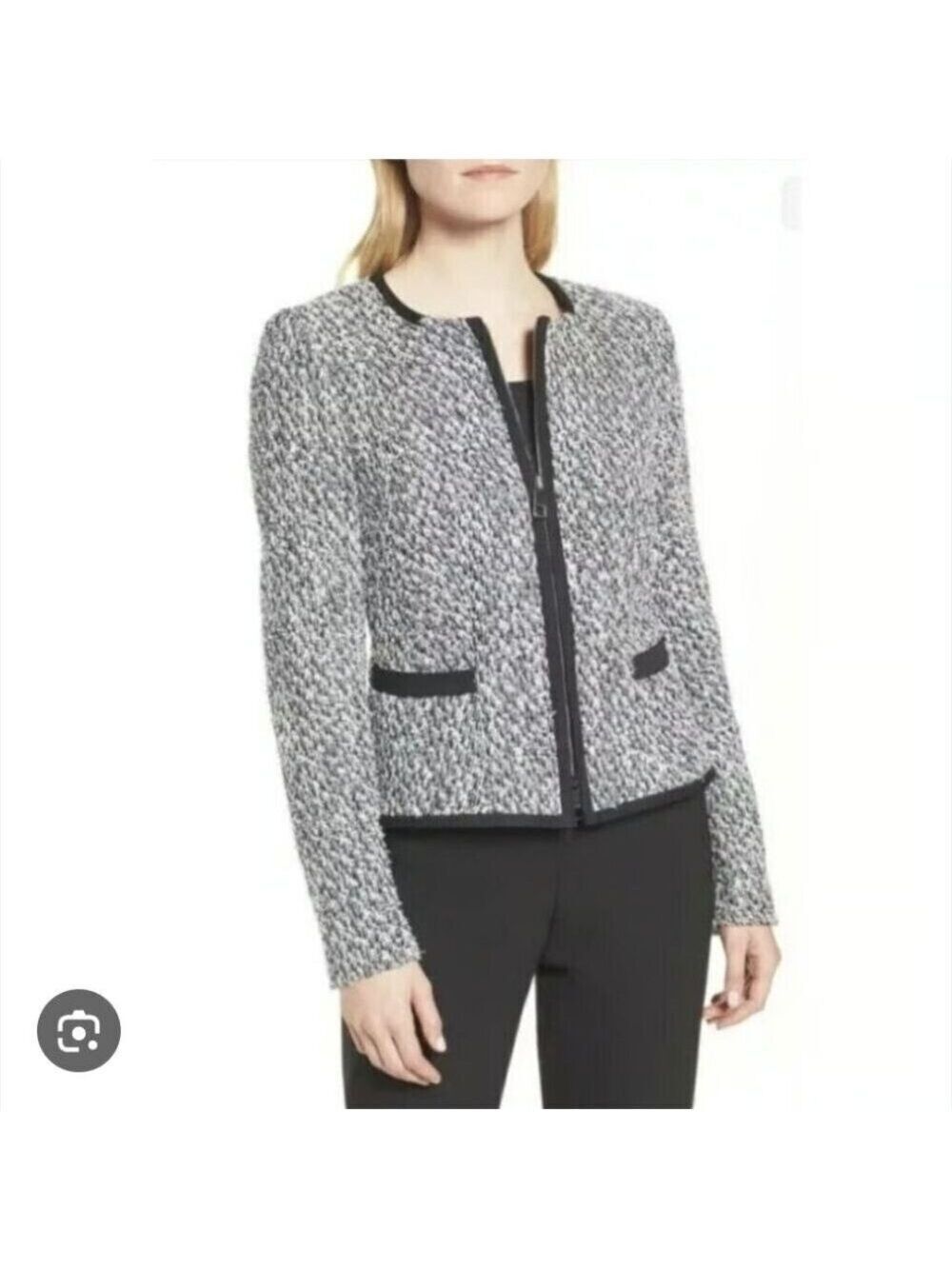 BOSS | Kalaila wool-blend tweed zip-up jacket Blazer black white blue Sz 4
